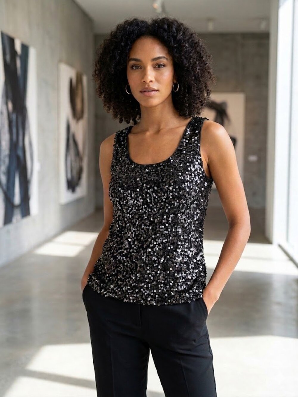 DKNY Black Sequined Scoop Neck Tank